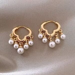 Golden Pearl Cascade Hoop Earrings